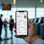 Main tenant un smartphone avec QR code à l'aéroport