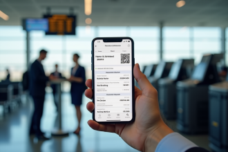 Main tenant un smartphone avec QR code à l'aéroport