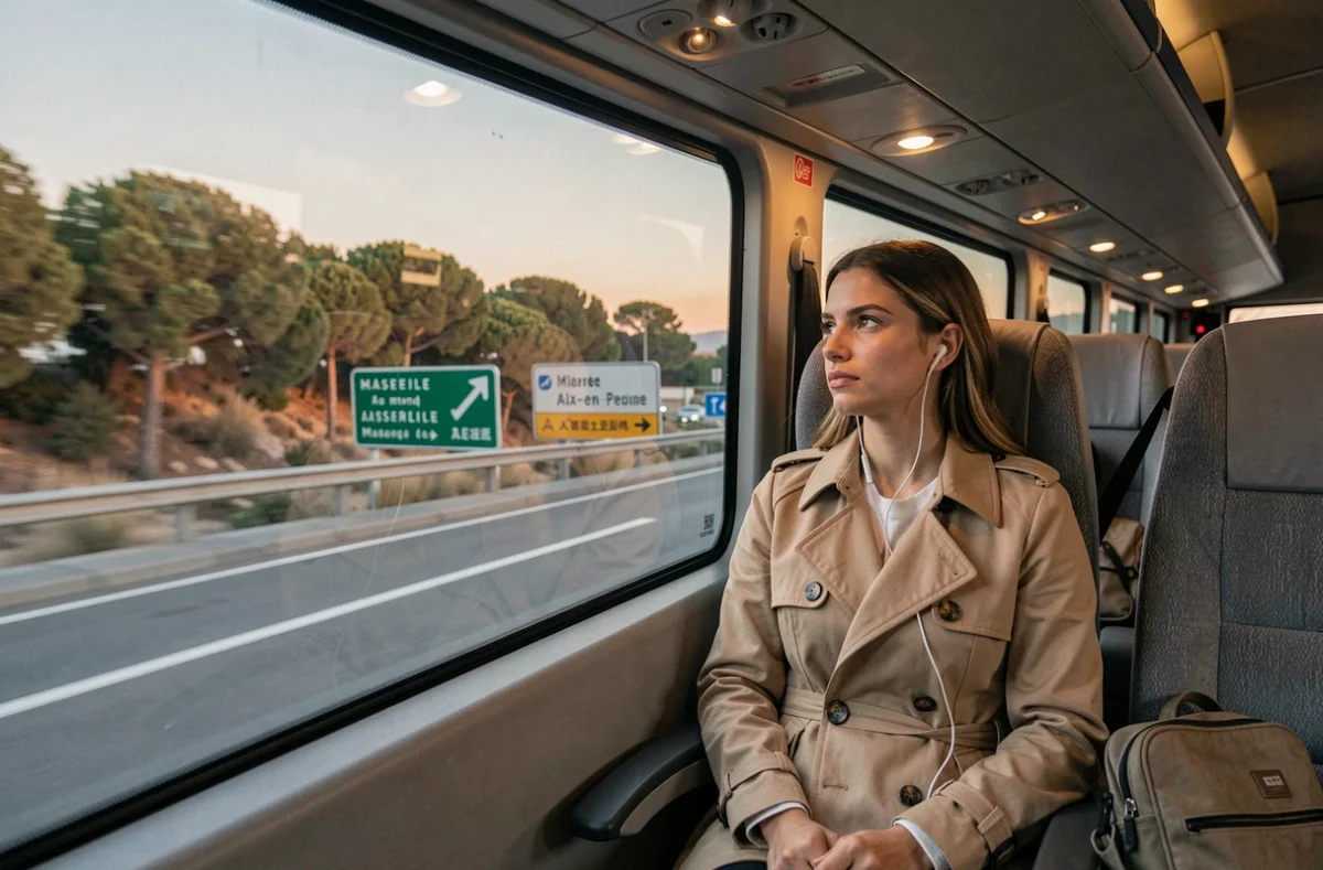 Passagère assise dans le dernier bus Marseille Aix-en-Provence le soir regardant par la fenêtre