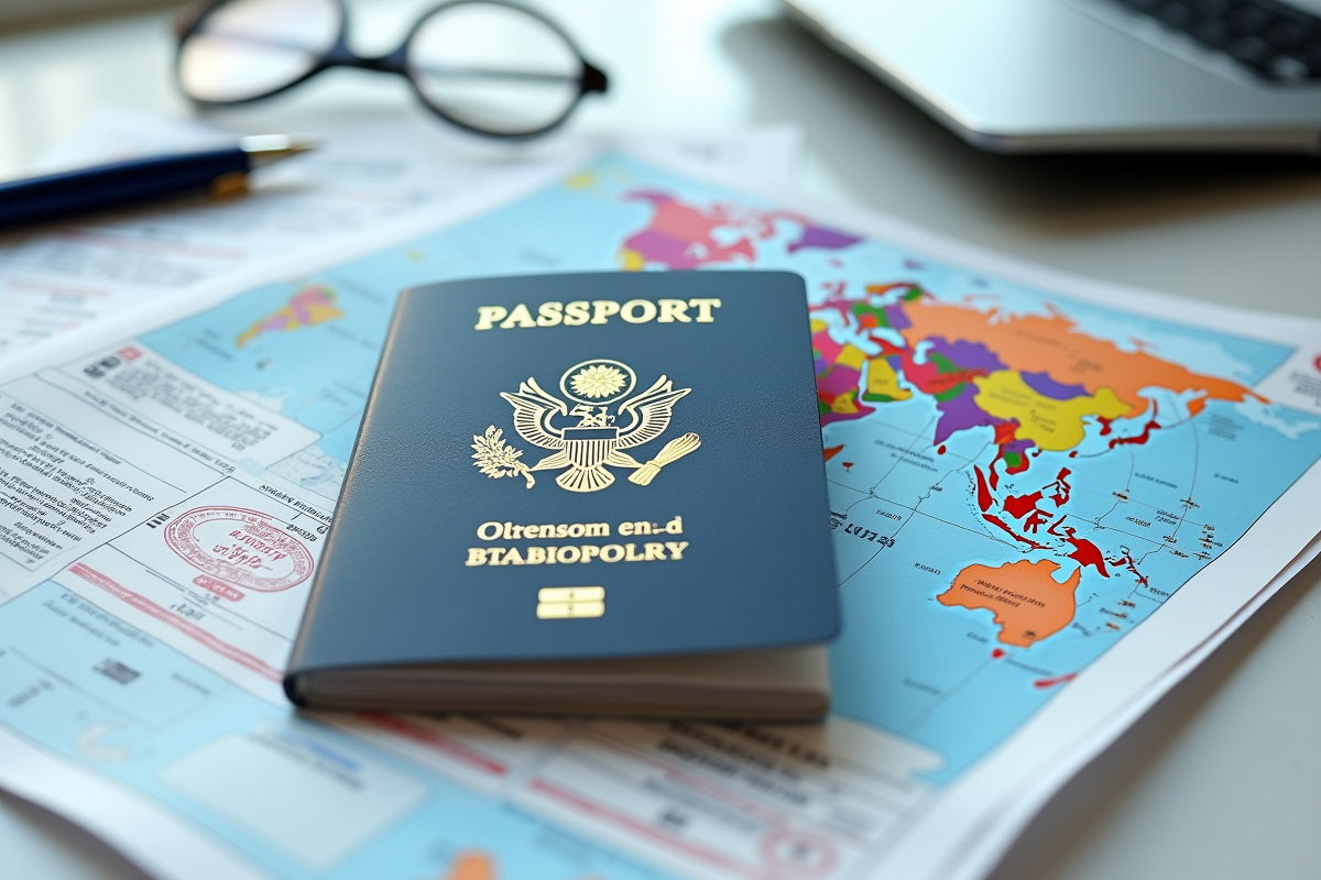 Passeport avec visas et carte du monde sur un bureau lumineux