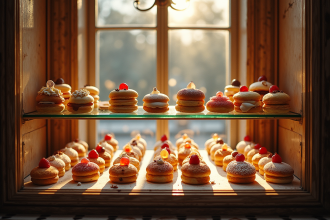Vitrine de pâtisserie élégante à Versailles avec pâtisseries françaises