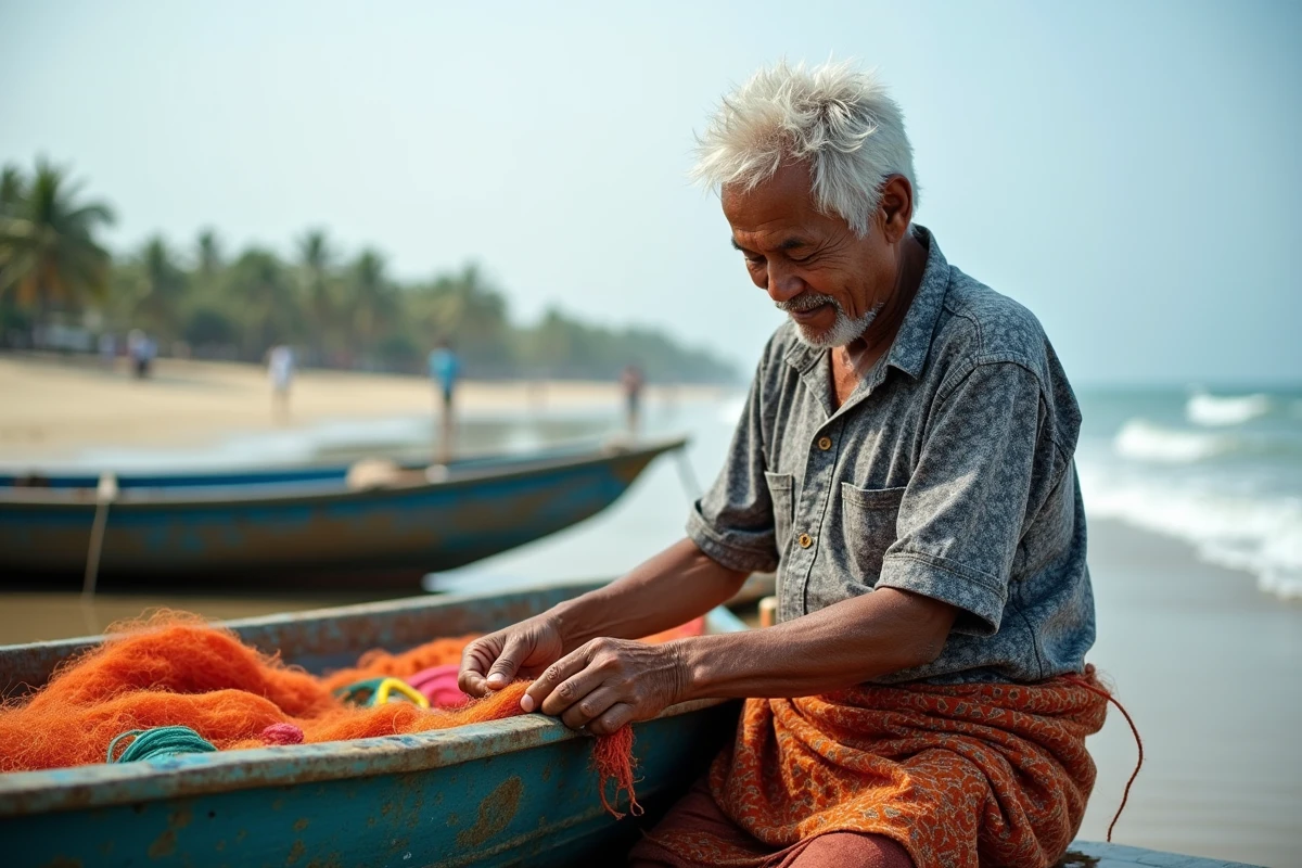 Pêcheur réparant son filet sur la côte de Kuta