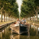 Péniche en bois naviguant sur le Canal du Midi sous une voûte de platanes, avec un couple profitant de la croisière