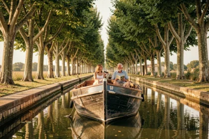 Péniche en bois naviguant sur le Canal du Midi sous une voûte de platanes, avec un couple profitant de la croisière