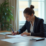 Personne remplissant des documents officiels avec drapeau français