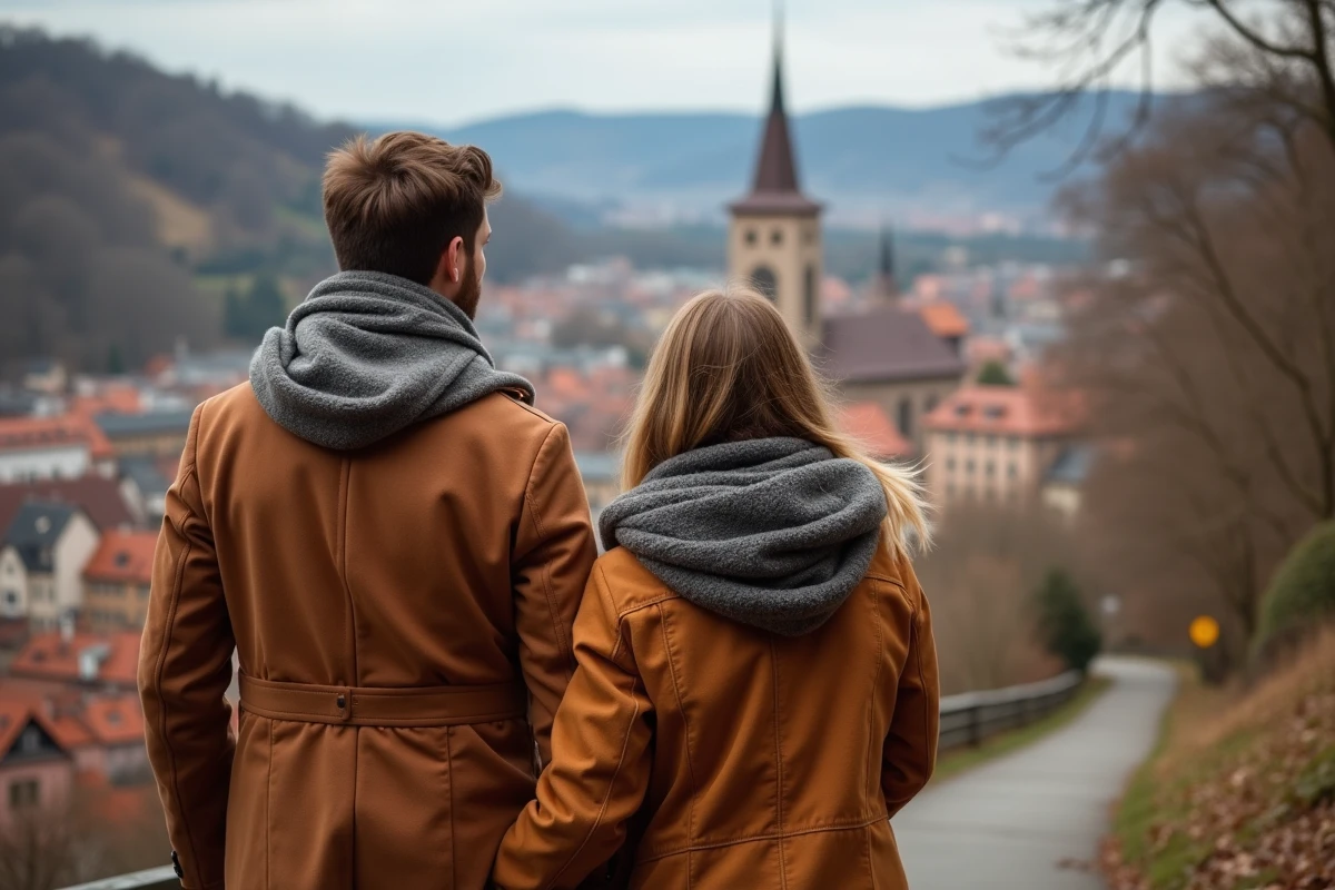 Couple se promenant sur le Philosophenweg avec vue panoramique sur la vieille ville de Heidelberg et le Neckar