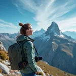 Photographe en randonnée devant la Tour de Piz dans les Alpes, conseils pour réussir ses photos de montagne