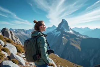Photographe en randonnée devant la Tour de Piz dans les Alpes, conseils pour réussir ses photos de montagne