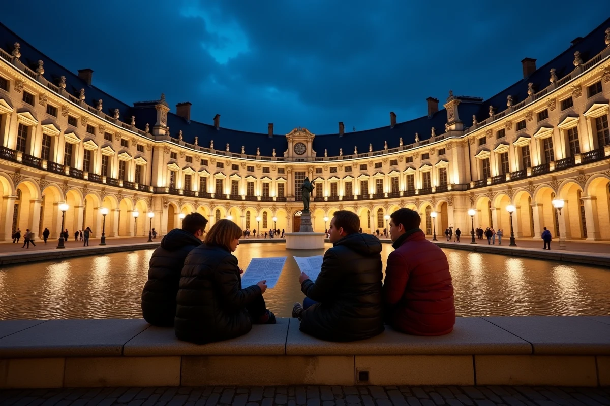 Place de la Libération à Dijon la nuit avec le Palais des Ducs illuminé et des touristes consultant une carte