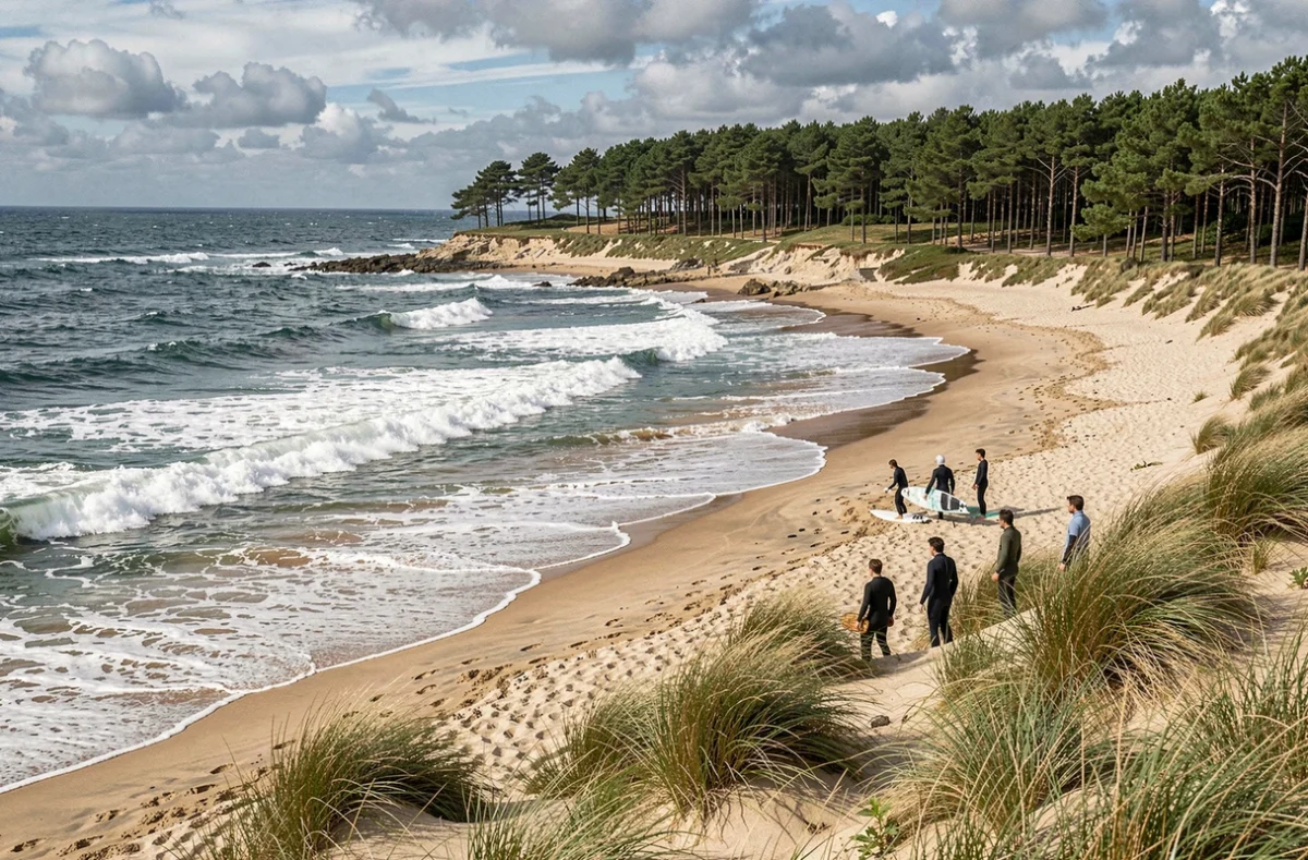 La plage des Bourdaines à Seignosse avec des surfeurs sur la dune observant les vagues et la forêt landaise en arrière-plan