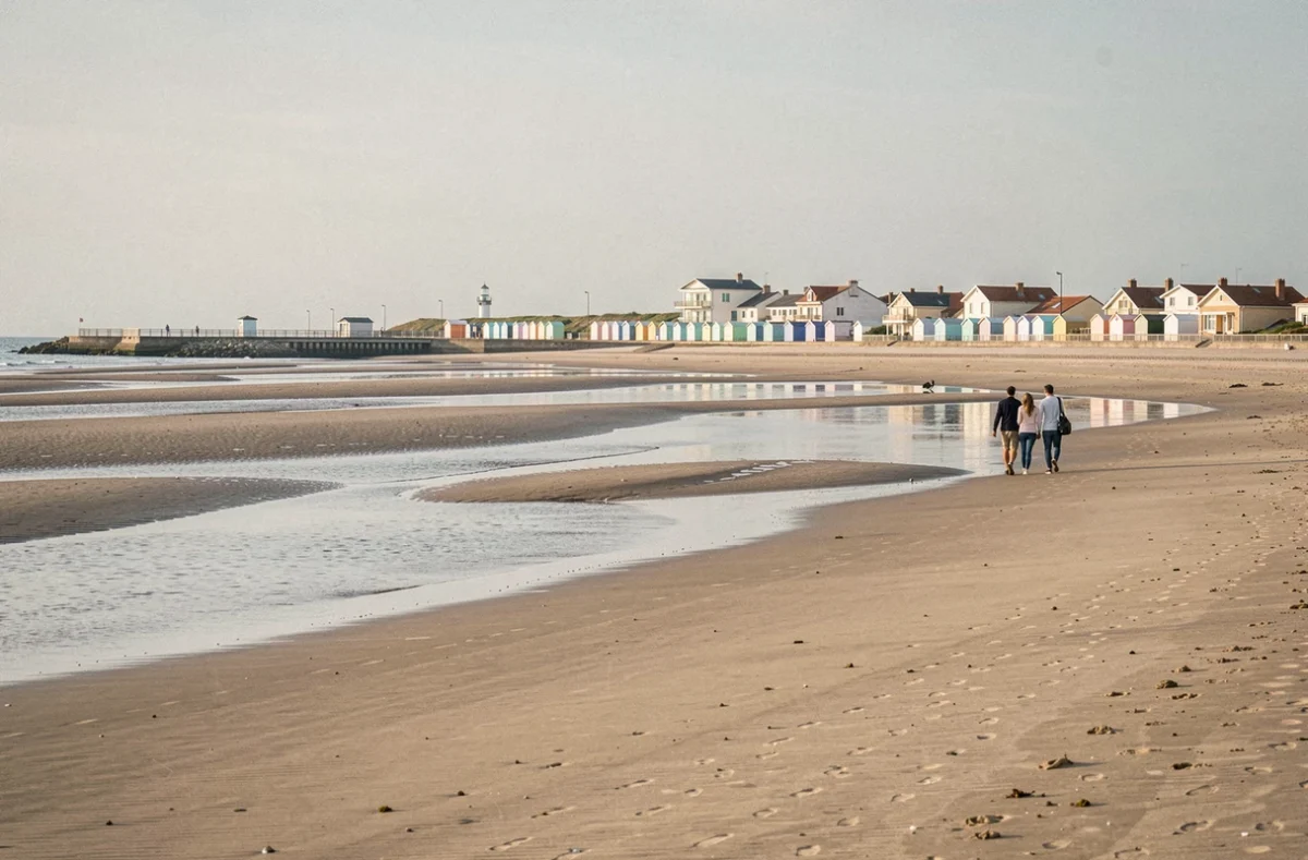 La plage de Châtelaillon à marée basse avec ses reflets sur le sable mouillé et les cabines colorées du bord de mer