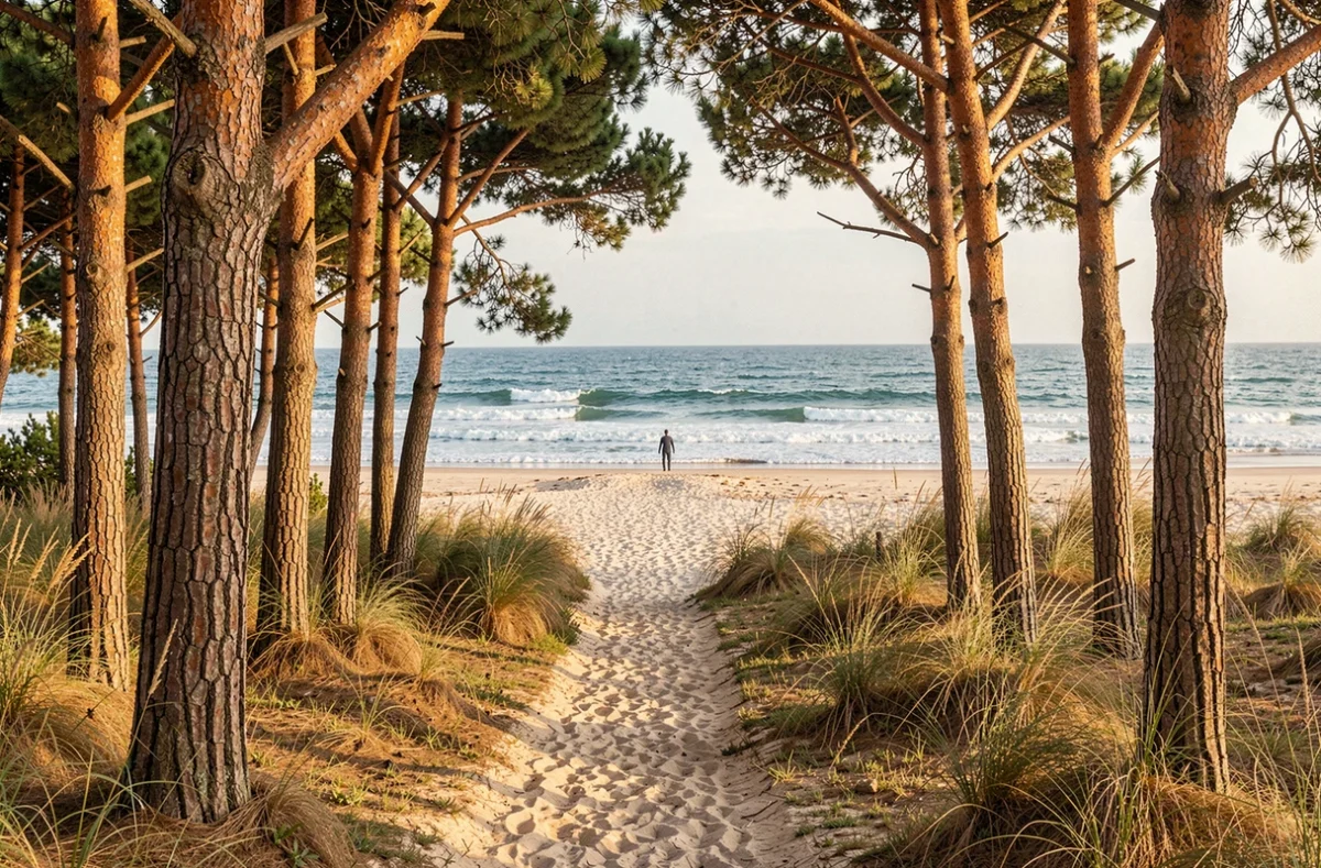 L'accès à la plage des Chênes Lièges à Moliets-et-Maa à travers la forêt de pins et chênes-lièges vers l'Atlantique