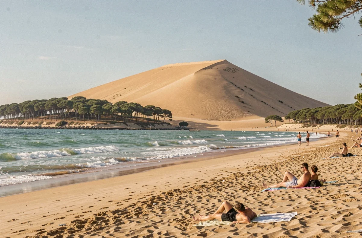 La plage de la Corniche à Pyla-sur-Mer avec la grande Dune du Pilat en arrière-plan et l'Atlantique en premier plan