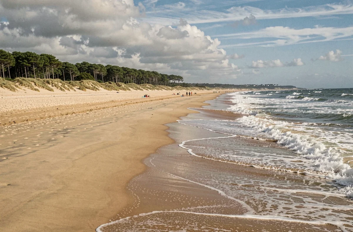 La plage sauvage de Montalivet dans le Médoc avec ses immenses dunes boisées et ses vagues atlantiques puissantes