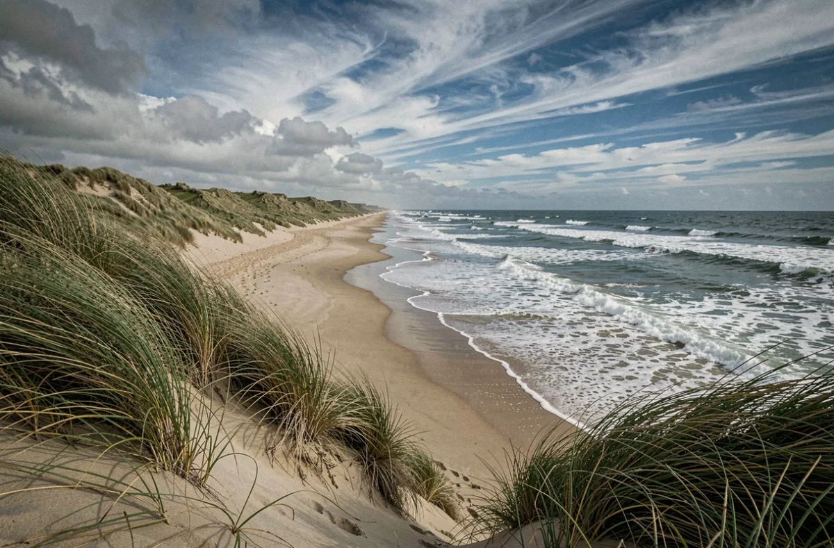 La plage sauvage de l'Océan à Hourtin avec ses immenses dunes herbeuses et ses puissantes vagues atlantiques