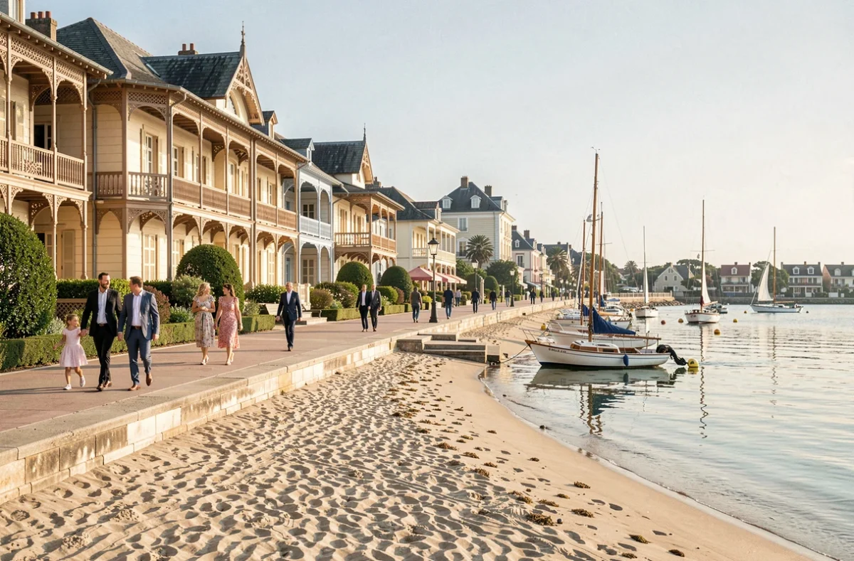 La plage Pereire à Arcachon avec son front de mer élégant, ses villas Belle Époque et le calme du Bassin d'Arcachon