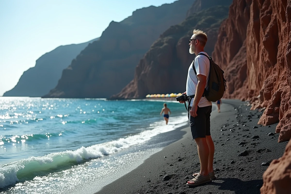 Homme debout sur la plage rouge volcanique d'Akrotiri à Santorin avec falaises de lave et mer Égée en arrière-plan