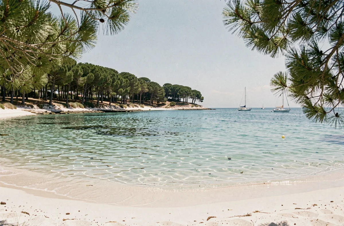 La plage des Saumonards à Saint-Georges-d'Oléron avec ses eaux turquoise calmes et sa forêt de pins en bordure