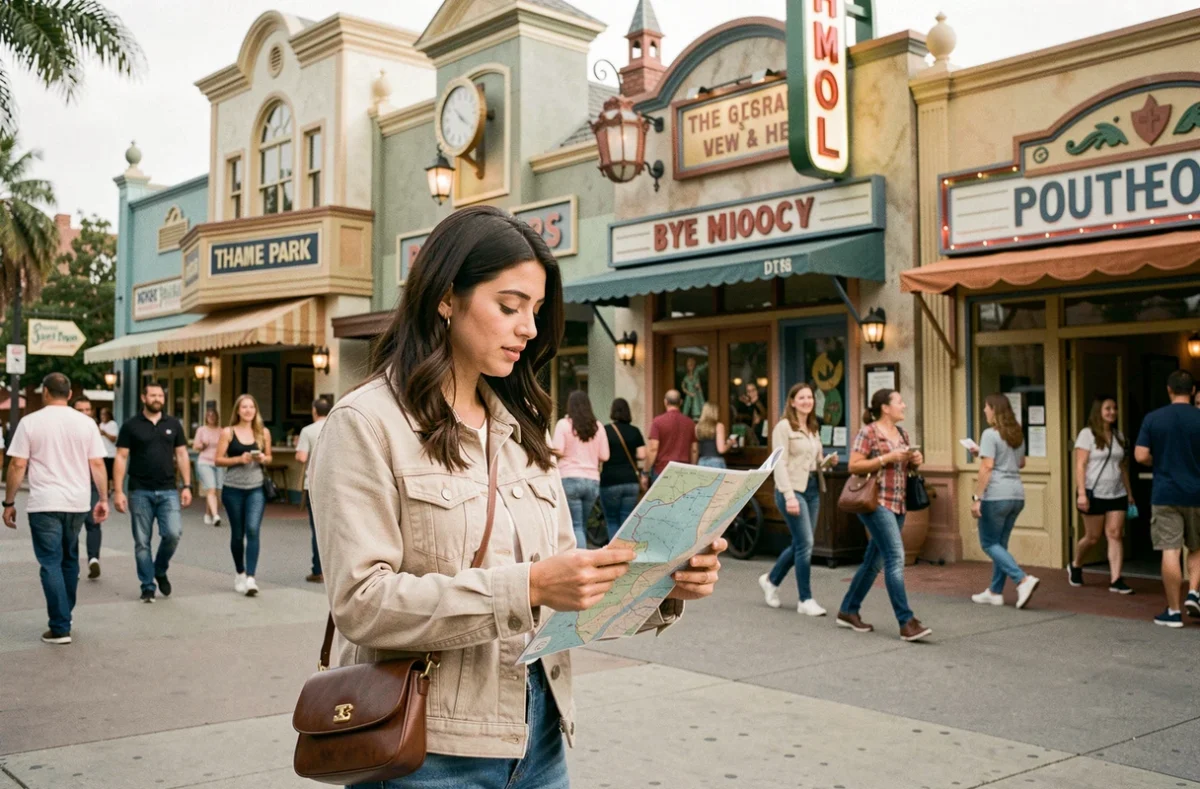 Jeune femme consultant le plan du Parc Walt Disney Studios devant un décor inspiré d'Hollywood