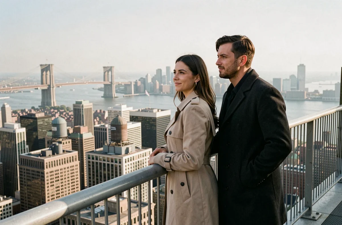 Couple observant le panorama de Manhattan depuis la plateforme d'observation du Woolworth Building avec vue sur le pont de Brooklyn