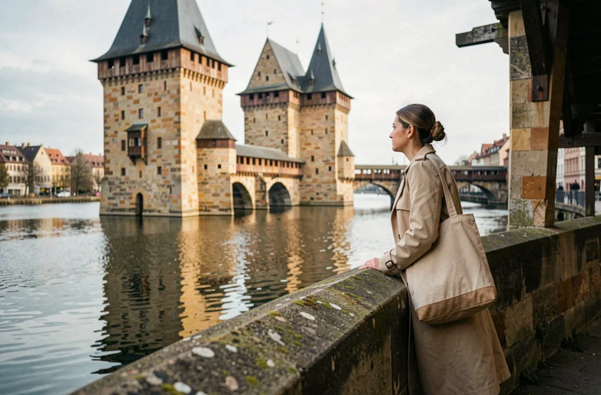 Voyageuse solitaire admirant les Ponts Couverts et les tours médiévales de Strasbourg se reflétant dans les eaux calmes de l'Ill