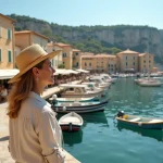Femme regardant le port de Cassis avec ses bateaux colorés et les falaises calcaires en arrière-plan