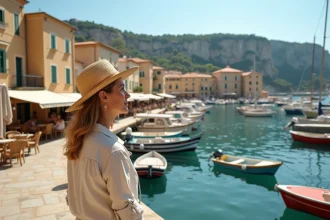 Femme regardant le port de Cassis avec ses bateaux colorés et les falaises calcaires en arrière-plan