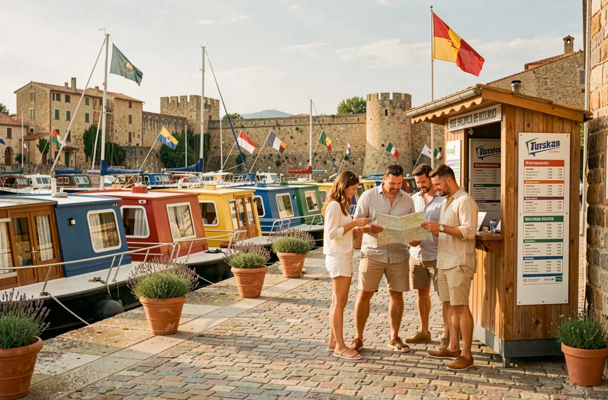 Port de plaisance sur le Canal du Midi avec des bateaux de location amarrés et des touristes consultant les tarifs de croisière
