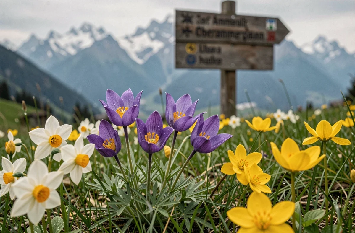 Prairie alpine en fleurs au printemps avec narcisses et anémones pulsatilles devant les Alpes d'Ammergau enneigées