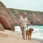 Femme se promenant avec son chien golden retriever sur une plage autorisée de la Côte de Granit Rose en Bretagne, entourée de rochers roses caractéristiques