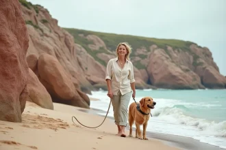 Femme se promenant avec son chien golden retriever sur une plage autorisée de la Côte de Granit Rose en Bretagne, entourée de rochers roses caractéristiques
