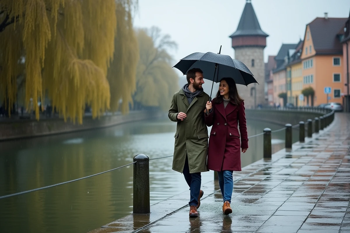 Deux amis se promenant sous un parapluie au bord du Neckar à Tubingue sous la pluie, avec la tour Hölderlinturm en arrière-plan