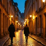 Couple se promenant la nuit dans les rues pavées historiques de Dijon avec reflets dorés des lanternes sur les pavés mouillés