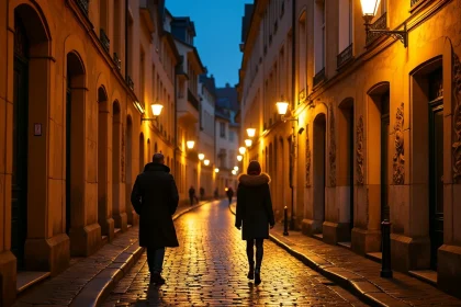Couple se promenant la nuit dans les rues pavées historiques de Dijon avec reflets dorés des lanternes sur les pavés mouillés