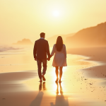 Couple main dans la main sur une plage normande au coucher du soleil