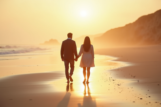 Couple main dans la main sur une plage normande au coucher du soleil