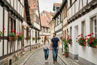 Couple se promenant dans une ruelle pavée du quartier de la Petite France à Strasbourg, entourés de maisons à colombages alsaciennes avec des jardinières fleuries