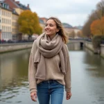 Jeune femme souriante sur la promenade de Lyon en automne