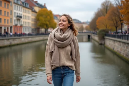 Jeune femme souriante sur la promenade de Lyon en automne