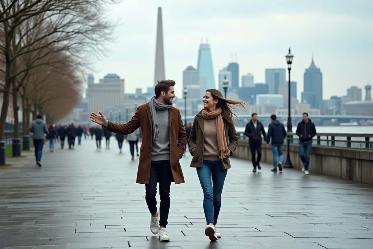 Couple se promenant sur la South Bank de Londres avec la Tate Modern et le Millennium Bridge visibles en arrière-plan en automne