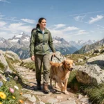 Femme et son golden retriever en randonnée sur un sentier alpin en Vallée d'Aoste