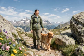 Femme et son golden retriever en randonnée sur un sentier alpin en Vallée d'Aoste