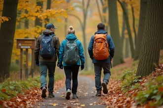 Groupe de randonneurs sur un sentier forestier à Rodange-Pétange au Luxembourg en automne