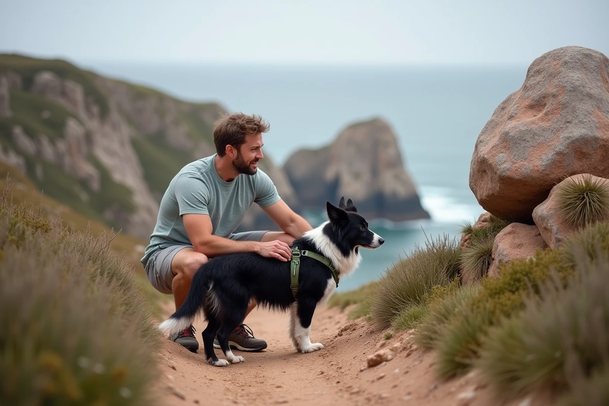 Randonneur et son border collie sur un sentier côtier adapté de la Côte de Granit Rose, avec les rochers roses emblématiques en arrière-plan