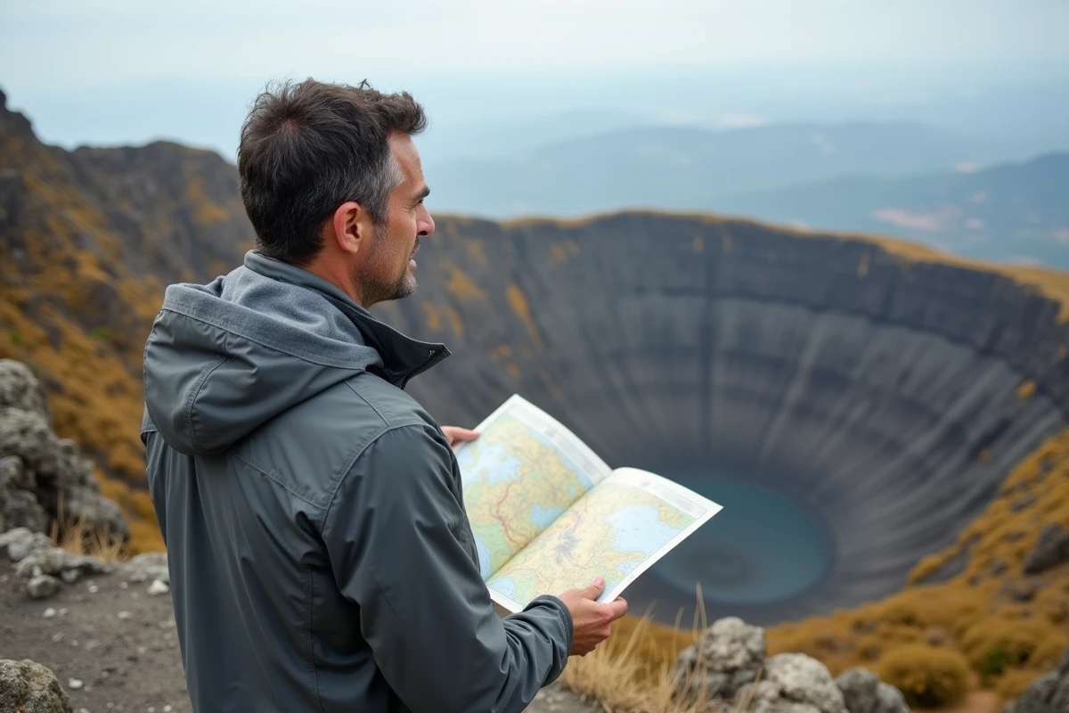 Randonneur au bord d'un cratère des Champs Phlégréens avec une carte volcan près de Naples en Italie