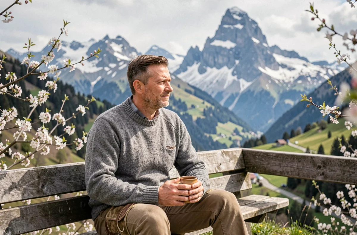 Randonneur bavaro se reposant avec une tasse de thé face au panorama printanier d'Oberammergau et du pic Kofel