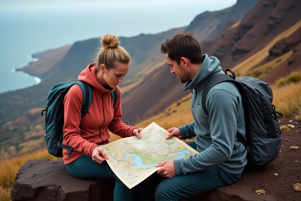 Deux randonneurs planifiant leur parcours avec une carte des sentiers volcaniques sur l'île de Vulcano dans l'archipel des Éoliennes