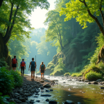 Groupe de randonneurs dans une forêt verte avec rivière ensoleillée
