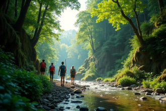 Groupe de randonneurs dans une forêt verte avec rivière ensoleillée