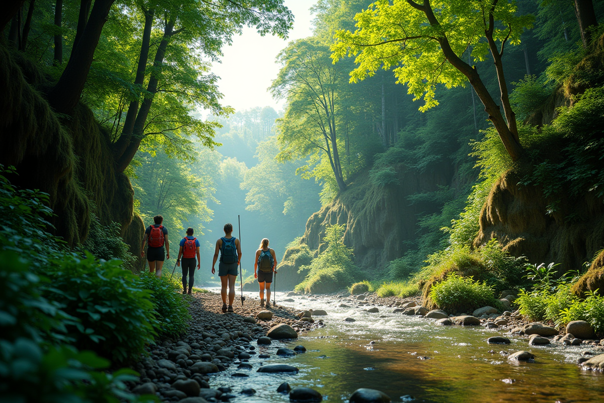 Groupe de randonneurs dans une forêt verte avec rivière ensoleillée
